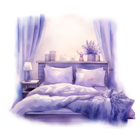 Watercolor bedroom interior with bed and pillows. Hand drawn illustrationの素材