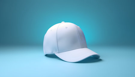 White baseball cap mockup on blue background. 3D Renderingの素材