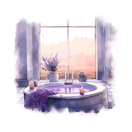 Watercolor illustration of a bathroom interior with a bathtub and lavender.の素材