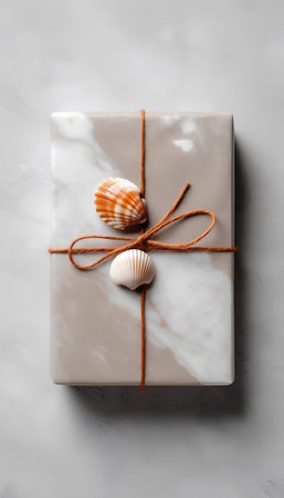 Marble gift box with rope and seashells on grey backgroundの素材