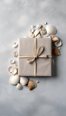 Gift box and seashells on concrete background. Top viewの素材