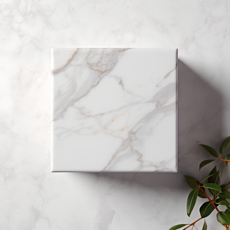 Top view of square white box on white marble background with plant. Mock up, 3D Renderingの素材