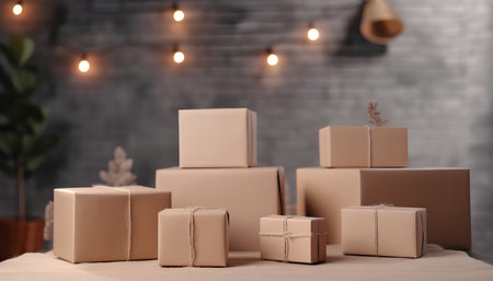 Boxes with gifts on table against blurred background. Delivery service conceptの素材