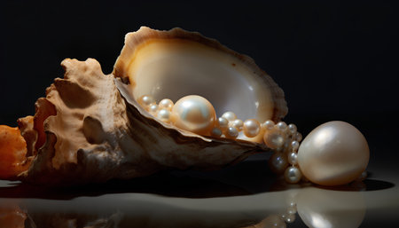 Pearl necklace on a seashell with reflection on a black backgroundの素材