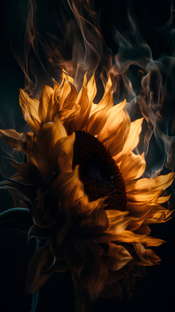 Beautiful sunflower with smoke on dark background. Toned.の素材