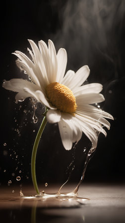 White chamomile flower with water splashes on dark backgroundの素材