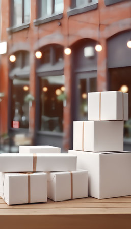 Pile of white gift boxes on wooden table in front of shopping mall. 3d renderの素材