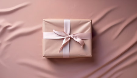 Gift box with pink ribbon on the pink satin background.の素材