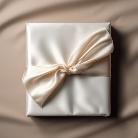 White gift box with gold ribbon on beige background, top viewの素材