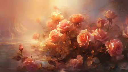 Digital painting of rose flowers in water. Romantic floral background with space for text.の素材