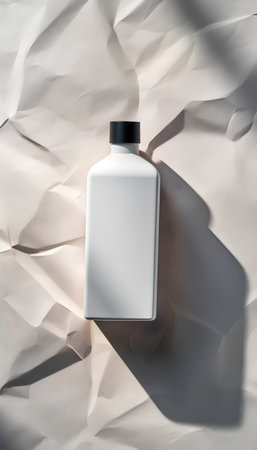 Blank white plastic bottle mockup on crumpled paper backgroundの素材