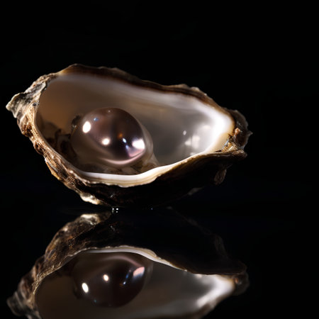 Opened oyster shell with pearl on a black background with reflectionの素材