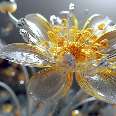 Macro closeup of beautiful yellow flower with water drops on petalsの素材