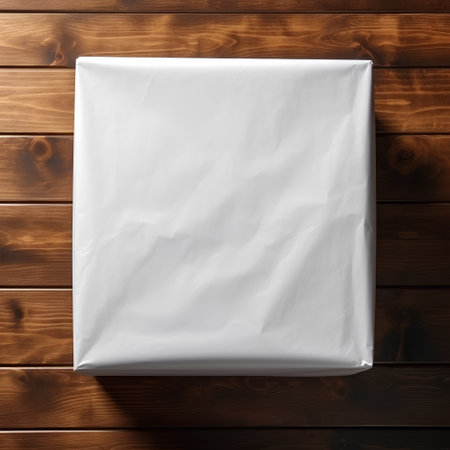 White paper bag on wooden background. Top view with copy space.の素材