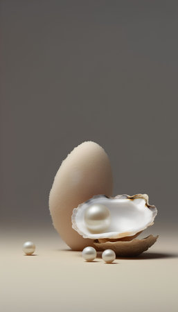 Pearl shell and pearl on a brown background. 3d renderingの素材