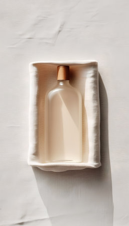 top view of cosmetic bottle on white linen tablecloth, flat layの素材