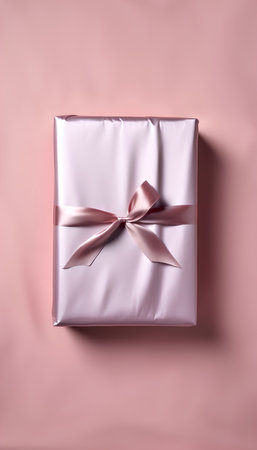 Pink gift box with pink bow on a pink background, top viewの素材