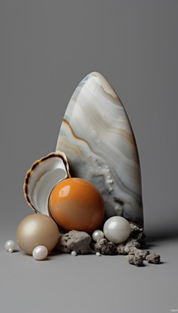 3d render of an egg with shell and pearl on gray backgroundの素材