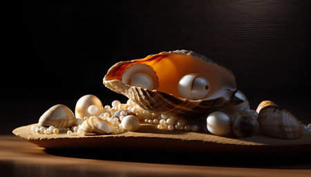 seashells and pearls on a dark background, 3d renderの素材