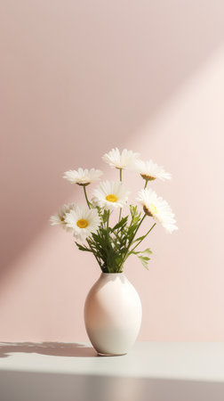 White daisies in a vase on a pink background. Minimal concept.の素材