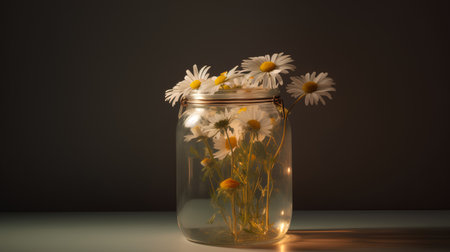 Chamomile flowers in a glass jar on a dark backgroundの素材