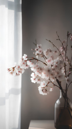 Bouquet of cherry blossoms in a vase on the windowsillの素材