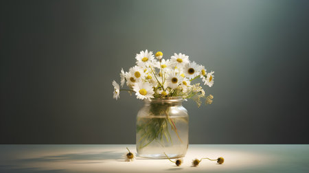 Bouquet of chamomile flowers in glass vase on tableの素材
