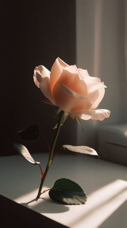 Pink rose on a white table in the sunlight. Selective focus.の素材
