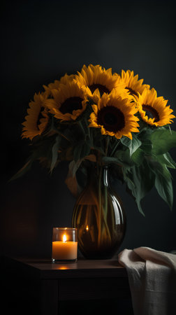 Bouquet of sunflowers in a vase and a burning candle on a dark backgroundの素材