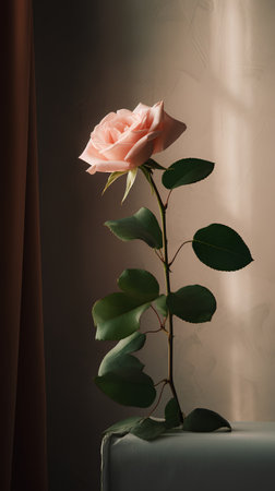 Beautiful pink rose on a table in front of a brown wallの素材