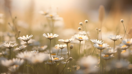 Beautiful daisies in the meadow at sunset. Soft focus.の素材