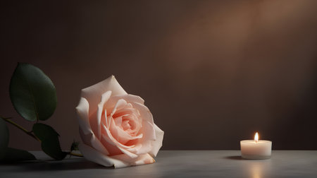 pink rose and a burning candle on a dark background with copy spaceの素材