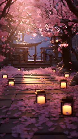 cherry blossom in japanese garden at night with lanterns