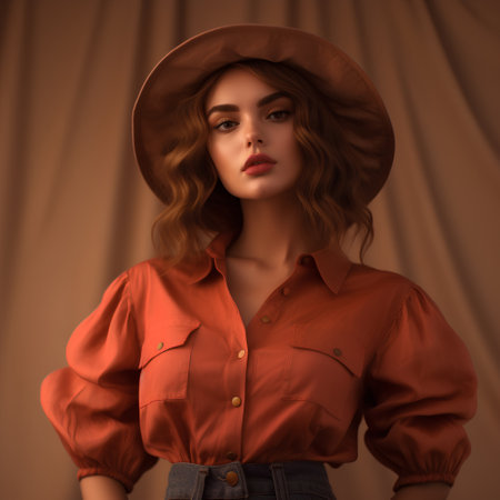 Beautiful young woman in a cowboy hat. Portrait of a girl in a hat.の素材