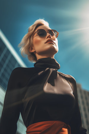Fashionable blonde woman in sunglasses over modern city background. Beauty, fashion.の素材
