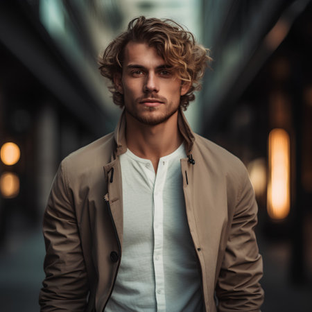 Portrait of a handsome young man in casual clothes outdoors. Men's beauty, fashion.の素材