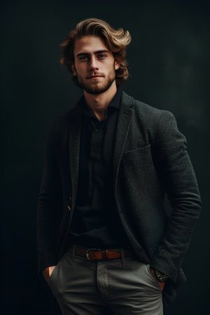 Portrait of a stylish young man in a jacket on a dark backgroundの素材