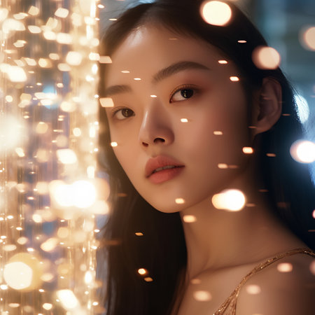 Beautiful asian woman with bokeh lights in the backgroundの素材