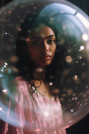 Beautiful girl in a pink dress in a glass sphere with bokeh.の素材
