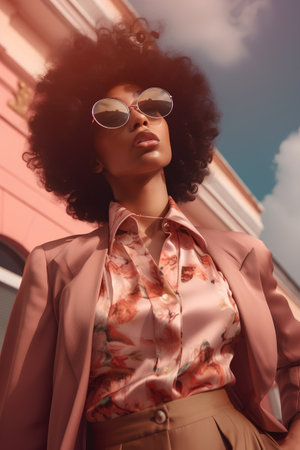 Fashionable african american woman with afro hairstyle and sunglasses posing outdoor.の素材