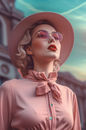 Fashion portrait of beautiful young woman in hat and glasses. Retro style.の素材