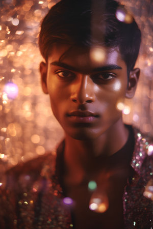 Portrait of a handsome young man in a shiny dress. Men's beauty, fashion.の素材