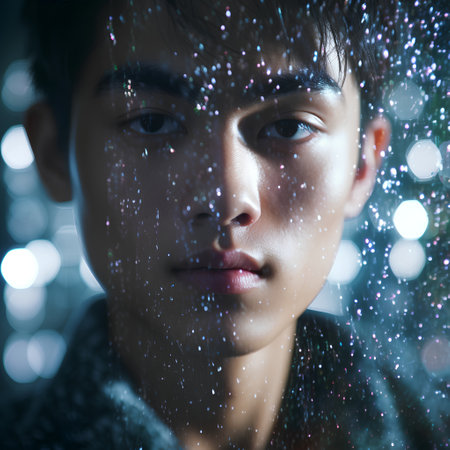 Portrait of a beautiful young asian man in the rain.の素材
