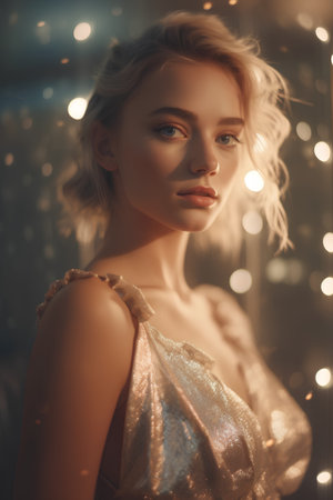 Portrait of a beautiful young woman in a golden dress on a background of a Christmas tree.の素材