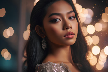 Fashion portrait of beautiful asian woman in evening dress with earringsの素材