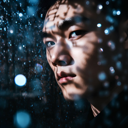Portrait of a handsome asian man in the rain. Looking at camera.の素材