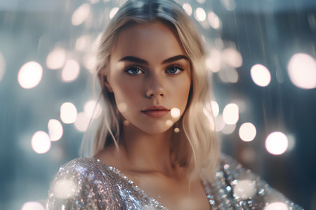 Fashion portrait of a beautiful young blonde woman in a silver dress on a background of lightsの素材