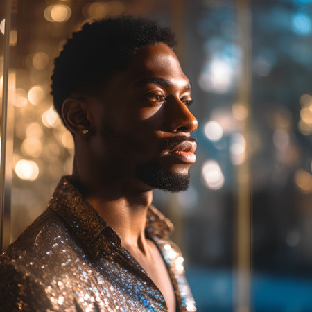 Handsome african american man in sequins jacket looking awayの素材