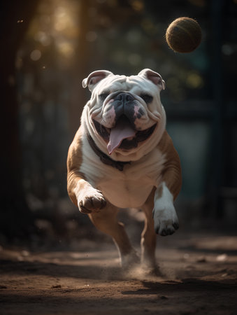 english bulldog running and playing with a ball in the park.の素材