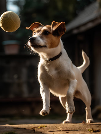 Jack Russell Terrier dog with a ball in his mouth on the natureの素材